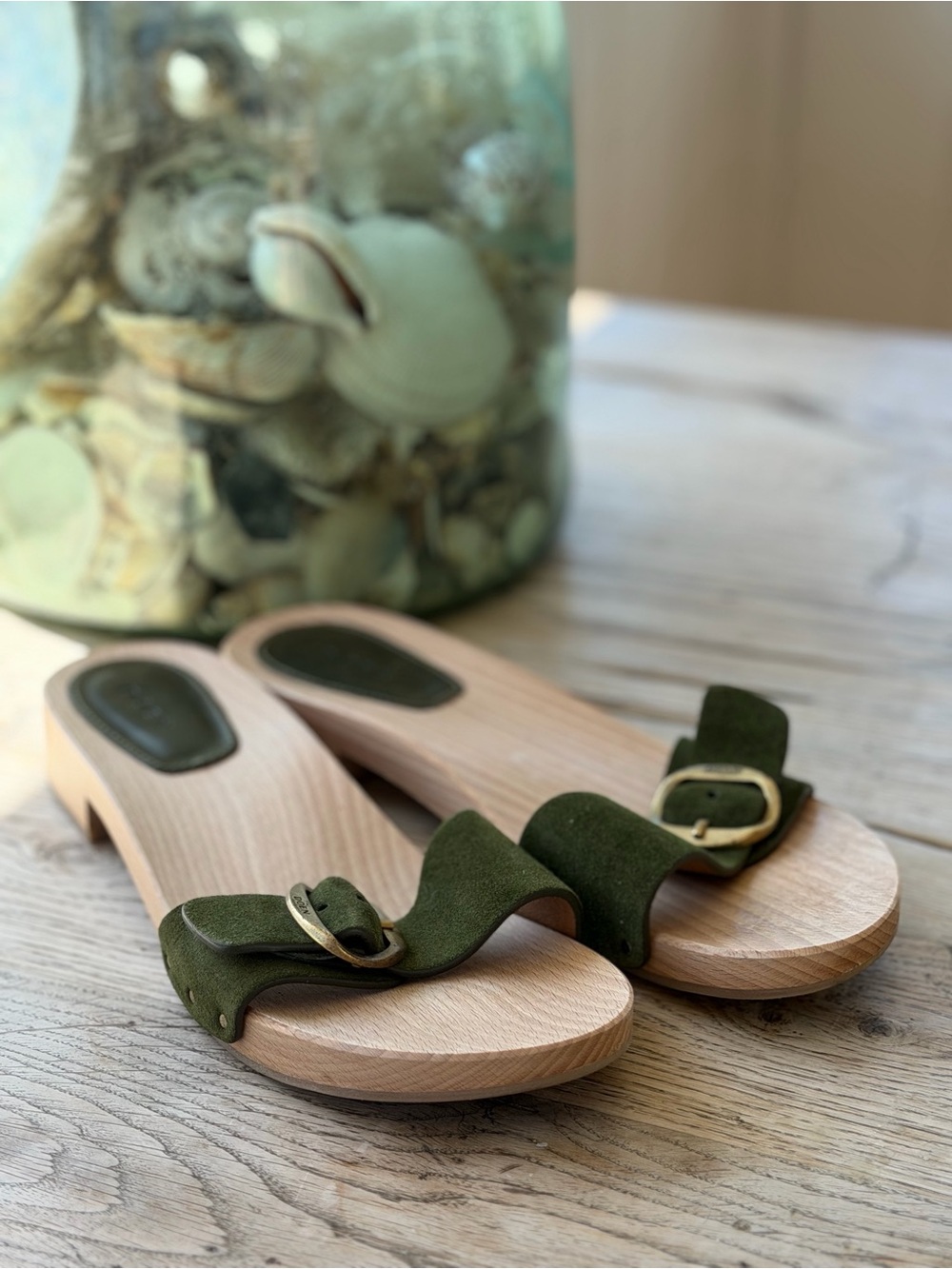 Excellent Condition: Doen Olive Suede Buckle Clog Slides